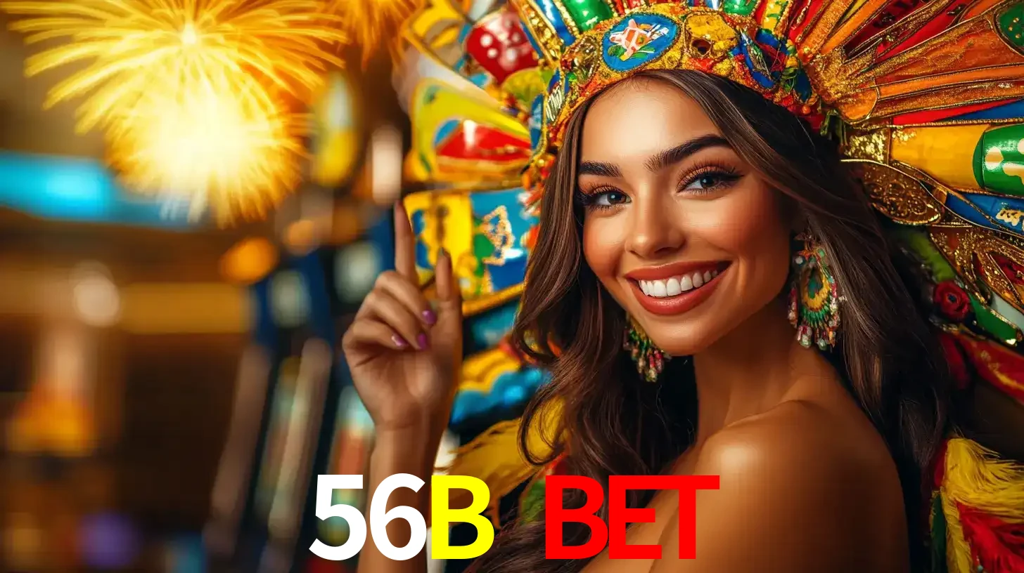 Mulher sorridente com um cocar de carnaval vibrante e colorido, celebrando uma grande vitória nos jogos do cassino 56B BET com fogos de artifício ao fundo.