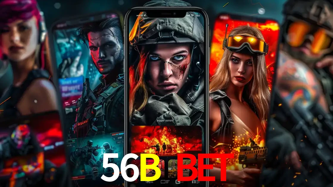 Montagem de telas de celular mostrando diversos personagens, masculinos e femininos, de um jogo de tiro, ilustrando a diversidade de equipes de e-sports para apostar no 56B BET.