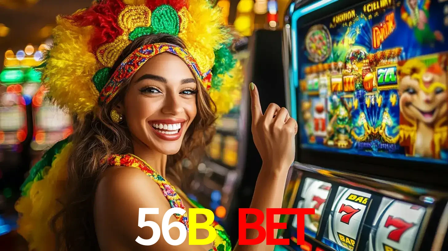 Mulher animada com um cocar de carnaval apontando para uma máquina de caça-níqueis, mostrando a emoção de ganhar um grande prêmio nos jogos do 56B BET.