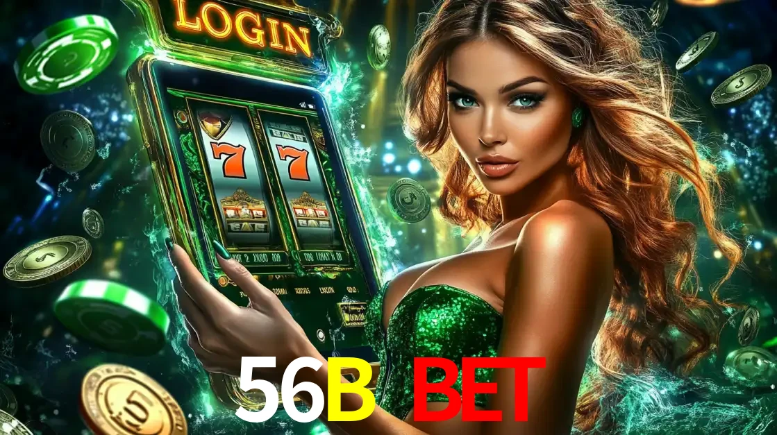 Mulher com tema verde apresentando o aplicativo do cassino 56B BET com um jogo de slot de 777, cercada por fichas de cassino e uma aura de sorte.