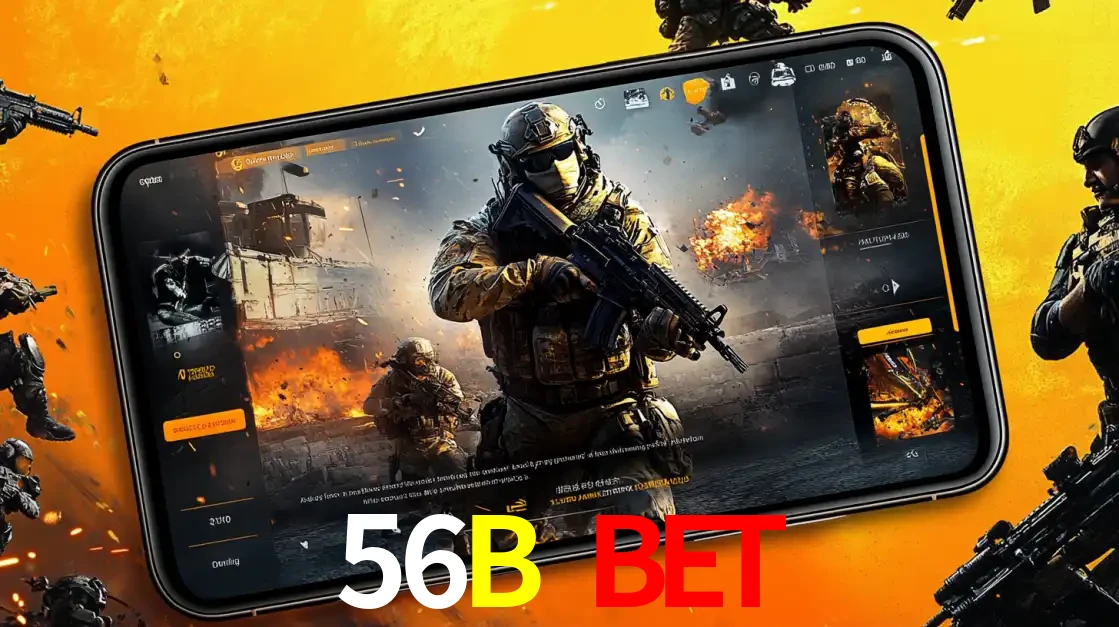 Um smartphone exibindo a interface de um jogo de tiro em primeira pessoa, com um soldado em um cenário de batalha, representando a ação dos e-sports para apostar no 56B BET.