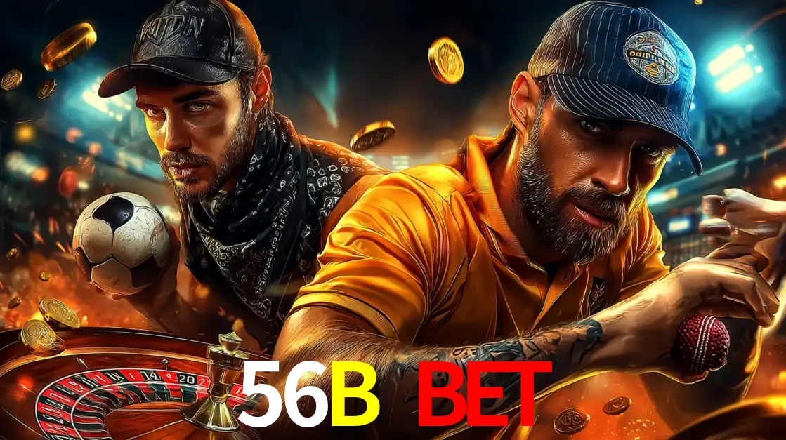 Montagem de apostas esportivas e cassino no 56B BET, com um homem segurando uma bola de futebol e outro uma de beisebol sobre uma roleta e moedas voadoras.