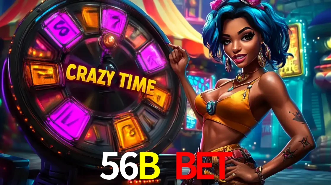 Mulher estilizada com cabelo azul e visual vibrante posando ao lado da roda de prêmios do game show Crazy Time, convidando para a diversão e os bônus do cassino 56B BET.