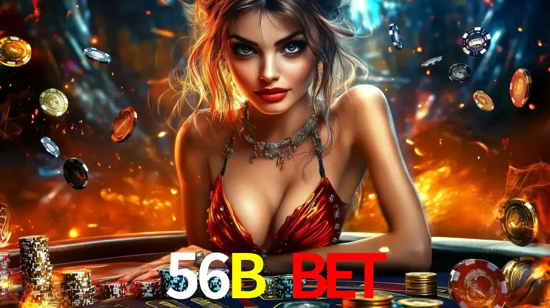 Mulher em uma mesa de cassino com pilhas de fichas e um fundo de fogo, pronta para uma rodada de altas apostas nos jogos de mesa emocionantes do cassino 56B BET.