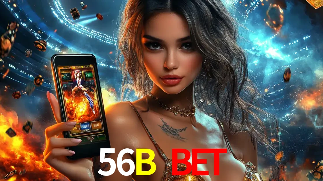 Mulher segurando um celular com um jogo de slot em destaque, tendo como fundo um estádio vibrante, simbolizando a emoção de jogar no cassino móvel 56B BET.