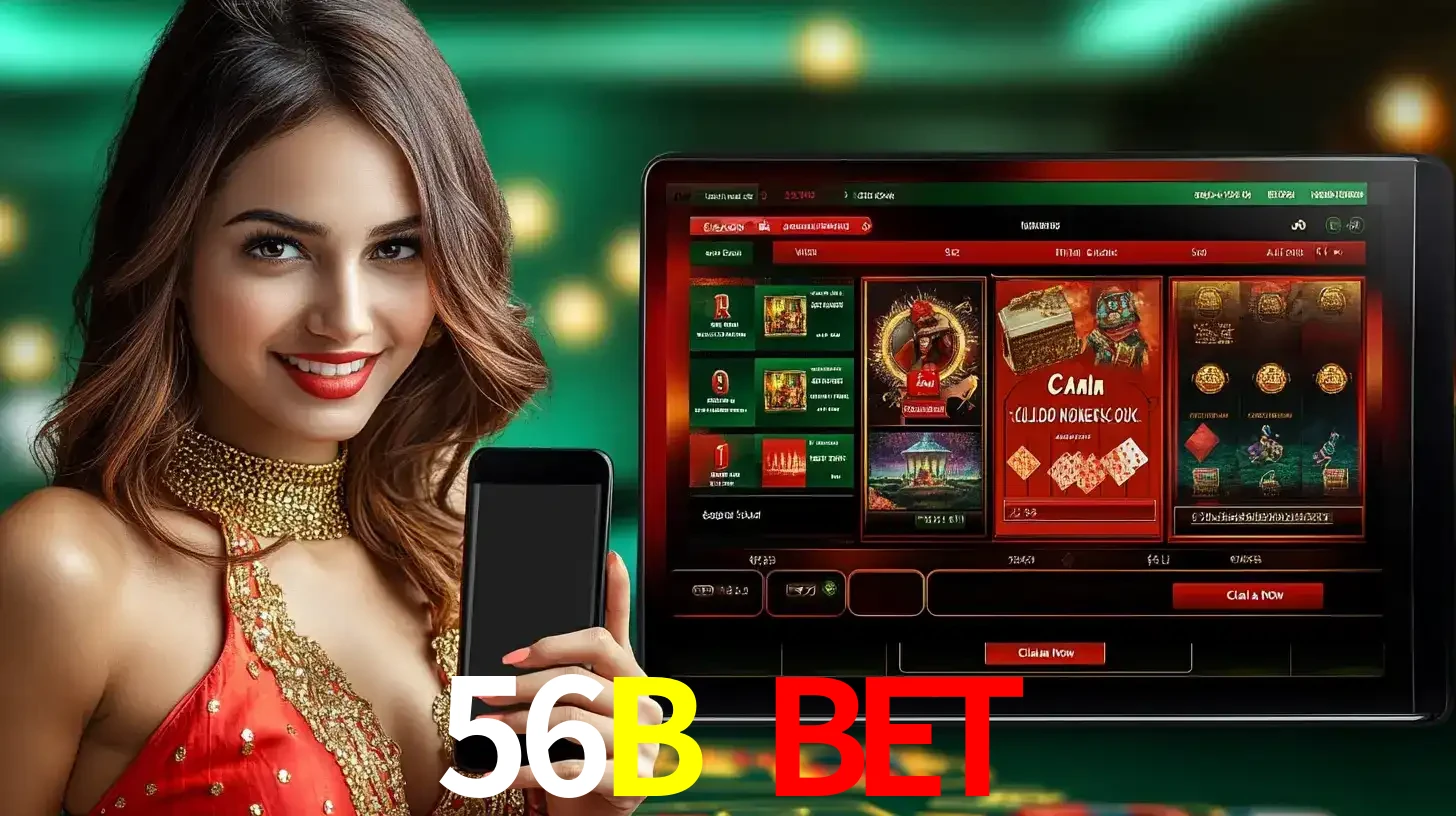 Mulher sorridente segurando um smartphone, ao lado de uma tela exibindo o lobby de jogos do cassino online 56B BET, com várias opções de jogos de cartas e slots.